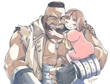 Rule 34 | 1boy, 1girl, adoptive parent and adoptive child, barret wallace, black gloves, black hair, blush, brown hair, brown vest, carrying, carrying person, chain, chain necklace, cheek-to-cheek, closed eyes, closed mouth, dark-skinned male, dark skin, dog tags, dress, facial hair, final fantasy, final fantasy vii, fingerless gloves, gloves, grin, heads together, jewelry, marlene wallace, michibata 65, necklace, open clothes, open vest, pectorals, pink dress, short hair, shoulder tattoo, signature, smile, tattoo, upper body, vest, white background