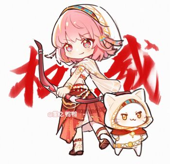 1girl animal anklet armlet artist_name beads belt bow_(weapon) bracelet brown_sandals cat cherilynorz chibi chinese_commentary chinese_text cloak closed_mouth clothed_animal commentary_request crop_top earrings gold_armlet gold_bracelet gold_earrings hair_beads hair_ornament hair_tubes hands_on_own_hips highres holding holding_bow_(weapon) holding_weapon hood hood_up hooded_cloak hoop_earrings infinity_nikki jewelry layered_skirt light_blush long_skirt looking_ahead medium_hair midriff momo_(nikki) nikki_(nikki) nikki_(series) official_alternate_costume pink_hair pleated_skirt purifying_wind_(infinity_nikki) red_scarf red_skirt sandals scarf shirt simple_background skirt sleeveless sleeveless_shirt smirk standing star-shaped_pupils star_(symbol) star_in_eye studded_anklet symbol-shaped_pupils symbol_in_eye translation_request weapon white_background white_cat white_cloak white_shirt white_skirt yellow_belt