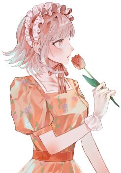 1girl breasts brown_hair collarbone commentary_request danganronpa_(series) danganronpa_2:_goodbye_despair flower from_side gloves headdress highres holding holding_flower medium_breasts medium_hair nanami_chiaki open_mouth pink_eyes pitta_(oshirinokeeeee) profile puffy_short_sleeves puffy_sleeves red_ribbon ribbon short_sleeves simple_background solo upper_body white_background white_gloves