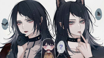 Rule 34 | 3girls, ?, animal ears, bang dream!, bang dream! it's mygo!!!!!, black choker, black gloves, black hair, blackfangs, blue eyes, blush, capelet, chain, chain necklace, chinese commentary, choker, commentary request, dual persona, fang, gloves, hanasakigawa school uniform, jewelry, kemonomimi mode, long hair, multiple girls, necklace, open mouth, purple eyes, red capelet, school uniform, shiina taki, spoken question mark, timoris (bang dream!), upper body, wolf ears, wolf girl, yahata umiri