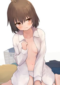 1girl ahoge areola_slip blush bob_cut bow bow_panties breasts brown_hair centi_mnkt collarbone collared_shirt dot_nose feet_out_of_frame hair_between_eyes haruka_(centi_mnkt) highres laundry laundry_basket looking_at_viewer navel nipples open_clothes open_shirt original panties red_eyes shirt short_hair simple_background sitting small_breasts smile underwear wariza wavy_mouth white_background white_panties white_shirt
