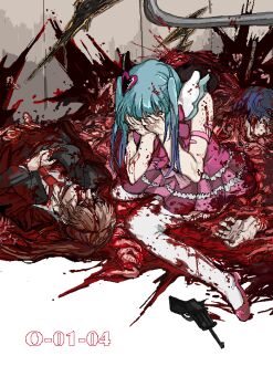 1girl 1other armband black_suit blood blood_in_hair blood_on_face blood_on_ground blood_on_hands bloodshot_eyes blue_hair blunt_bangs collared_shirt dress exposed_muscle face_in_hands formal_clothes gun guro hair_ornament hand_on_own_chest heart heart_hair_ornament implied_mutilation lace lace-trimmed_dress lace_trim legs_apart lobotomy_corporation lying mutilation necktie nugget_(project_moon) numbered on_back on_ground organs outstretched_leg pink_armband pink_dress pink_shoes project_moon queen_of_hatred red_necktie rolling_eyes sekibone severed_hand severed_head shirt shoes sidelocks suit weapon white_background white_shirt wide-eyed winged_sleeves yellow_eyes