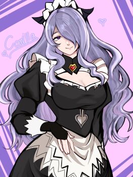 1girl alternate_costume apron breasts camilla_(fire_emblem) character_name cleavage cleavage_cutout closed_mouth clothing_cutout commentary_request demon_horns english_text fire_emblem fire_emblem_fates gemzukinomunira hair_over_one_eye heart highres horns large_breasts long_hair long_sleeves looking_at_viewer maid maid_apron maid_headdress nintendo parted_bangs puffy_long_sleeves puffy_sleeves purple_background purple_eyes purple_hair sidelocks simple_background smile solo swept_bangs two-tone_background upper_body very_long_hair wavy_hair