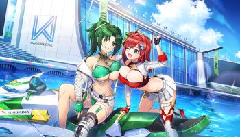 2girls :d asymmetrical_docking bikini breast_press breasts cleavage closed_mouth day dolphin_hair_ornament dolphin_wave game_asset green_bikini green_eyes green_hair green_scrunchie grin hair_intakes hair_ornament hair_scrunchie hand_on_another's_head harunami_anri highres jet_ski kneehighs large_breasts leaning_back looking_at_another multiple_girls navel non-web_source official_art on_jet_ski one_eye_closed one_side_up ootomo_takuji open_mouth outdoors red_bikini red_hair sakimiya_iruka scrunchie self-datamine single_kneehigh single_sock skindentation smile socks solo swimsuit thigh_strap underboob water watercraft