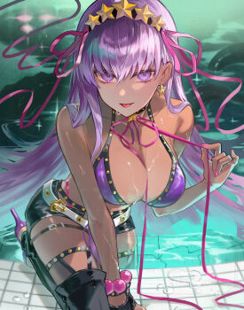 1girl bare_shoulders bb_(fate) bb_(swimsuit_mooncancer)_(second_ascension)_(fate) bead_bracelet beads belt bikini black_gloves black_shorts black_thighhighs blush bracelet breasts cleavage dark-skinned_female dark_skin fate/grand_order fate_(series) garter_belt gloves hair_ornament hair_ribbon hairband highres jewelry large_breasts long_hair looking_at_viewer micro_shorts neck_ribbon pool poolside poppoman purple_bikini purple_eyes purple_hair ribbon shorts single_glove solo star_(symbol) star_hair_ornament swimsuit tan thighhighs thighs tongue tongue_out very_long_hair water wet white_belt