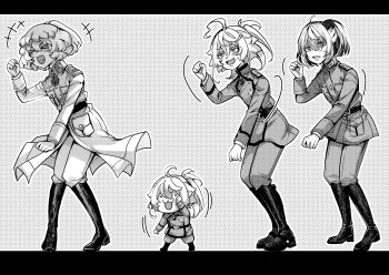 4girls ahoge boots chibi collar_tabs commentary_request cross dancing deformed frown greyscale hal_(goshujinomocha) high_collar iron_cross jacket military_uniform monochrome multiple_girls nervous_sweating open_mouth pants short_hair shoulder_boards smile sweat tanya_degurechaff tanya_degurechaff_(anime) tanya_degurechaff_(light_novel) tanya_degurechaff_(manga) youjo_senki