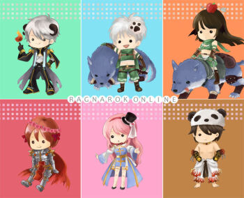 2girls 4boys apple_on_head arch_bishop_(ragnarok_online) armor armored_boots arrow_through_apple barefoot black_gloves black_hat black_horns black_pants blue_dress boots bow breastplate brown_boots brown_hair cape chibi chibi_only closed_mouth clothes_around_waist coat commentary_request copyright_name crop_top cross dress expressionless flame_print flower full_body gauntlets gloves green_scarf green_shirt green_shorts green_tube_top grey_coat grey_hair hat head_wreath horns juliet_sleeves leg_armor long_hair long_sleeves looking_at_viewer mini_hat mini_top_hat multiple_boys multiple_girls natsuki_(pighair) open_clothes open_coat open_mouth panda_hat pants pauldrons paw_hair_ornament pink_hair puffy_sleeves ragnarok_online ranger_(ragnarok_online) red_bow red_cape red_flower red_hair red_tabard rune_knight_(ragnarok_online) saddle sash scarf shirt shirt_around_waist short_hair shorts sleeveless sleeveless_shirt smile solid_circle_eyes spiked_pauldrons spikes standing strapless sura_(ragnarok_online) tabard thighhighs top_hat topless_male torn_cape torn_clothes tube_top two-tone_dress warlock_(ragnarok_online) white_dress white_pants white_shirt white_thighhighs wolf yellow_sash