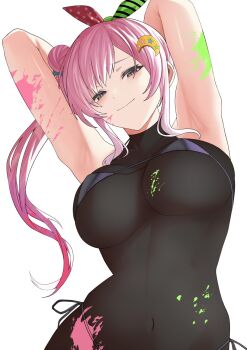 1girl airani_iofifteen arm_up armpits arms_behind_head arms_up blue_hair blush breasts commentary gradient_hair hair_bun hair_ornament hairband highres hololive hololive_indonesia long_hair long_sidelocks looking_at_viewer multicolored_hair navel paint_splatter palette_hair_ornament pink_hair presenting_armpit purple_eyes shirt si_farid side_ponytail sidelocks smile solo swept_bangs symbol-only_commentary virtual_youtuber