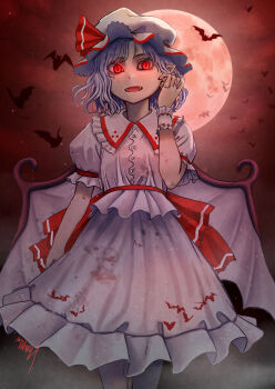 1girl absurdres back_bow bat_(animal) bat_wings bow collared_shirt commentary_request fangs frilled_shirt_collar frills full_moon hat hat_ribbon highres looking_at_viewer making-of_available matanukisuna mob_cap moon open_mouth pointy_ears puffy_short_sleeves puffy_sleeves red_bow red_eyes red_moon remilia_scarlet ribbon shirt short_sleeves signature skirt skirt_set smile solo touhou white_hat white_shirt white_skirt wings wrist_cuffs
