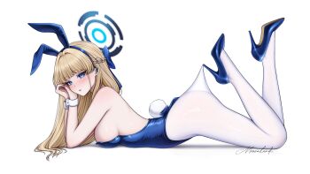 1girl absurdres animal_ears blonde_hair blue_archive blue_eyes blue_hair blue_halo blue_leotard breasts fake_animal_ears fake_tail from_side full_body halo highres lace_pantyhose_hooked_on_heel_(meme) large_breasts leotard long_hair lying meme moovalandi multicolored_hair on_stomach panties playboy_bunny rabbit_ears rabbit_tail simple_background solo strapless strapless_leotard streaked_hair tail toki_(blue_archive) toki_(bunny)_(blue_archive) two-tone_hair underwear white_background white_panties
