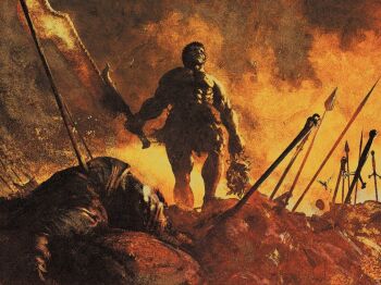 1boy after_battle anato_finnstark battle battlefield berserk black_hair closed_mouth commentary corpse death decapitation demon english_commentary field_of_blades fog greatsword holding holding_sword holding_weapon huge_weapon monster no_armor orange_theme red_eyes short_hair sword topless_male war weapon zodd_(berserk)