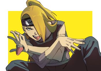 Rule 34 | 1boy, black pants, black tank top, blonde hair, blue eyes, border, chasenmage, deidara (naruto), extra mouth, fishnet top, fishnets, forehead protector, hair over one eye, hand mouth, highres, iwagakure symbol, knees up, long hair, looking at viewer, male focus, motoyui, naruto (series), naruto shippuuden, pants, pnpk 1013, simple background, solo, stitched arm, stitches, tank top, tongue, tongue out, two-tone background, upper body, white border, yellow background