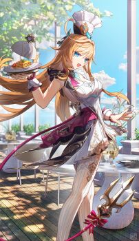 1girl absurdres blonde_hair blue_eyes blue_sky chef_hat commentary_request cowlick day dress escoffier_(genshin_impact) feet_out_of_frame from_side genshin_impact hat highres holding holding_tray long_hair looking_to_the_side mechanical_tail open_mouth sky sleeveless sleeveless_dress solo standing tail tongyu tray white_dress white_hat wrist_cuffs