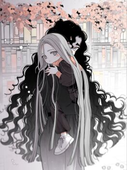1boy 1girl as_yubooh_slumbers black_hair child curly_hair grey_eyes highres leaf long_hair long_skirt non-web_source original pants paulinaapc shoes skirt sparkling_eyes white_hair white_shoes