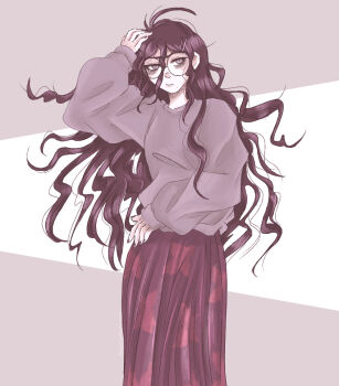 1girl alternate_costume axolotl-anne baggy_clothes closed_mouth commentary cowboy_shot danganronpa_(series) danganronpa_another_episode:_ultra_despair_girls english_commentary eyelashes fingernails fukawa_toko glasses hair_ornament hairclip hand_on_own_head long_hair long_skirt messy_hair nail_polish purple_eyes purple_hair purple_nails purple_shirt purple_skirt round_eyewear shirt short_sleeves skirt solo two-tone_background