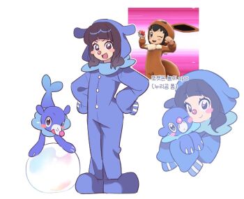 Rule 34 | 1brad, 1girl, :d, arched bangs, blush stickers, bubble, buttons, closed mouth, commentary request, eyelashes, gen 7 pokemon, hands on own hips, holding, holding pokemon, hood, hood up, korean commentary, korean text, long sleeves, nintendo, onesie, open mouth, poke kid (pokemon), pokemon, pokemon (creature), pokemon swsh, popplio, reference inset, sleeves past fingers, sleeves past wrists, smile, standing, tongue, translation request, white background