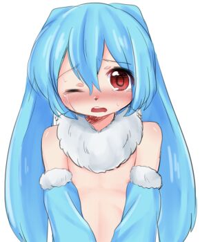 1boy animal_ears blue_hair blush detached_sleeves fur-trimmed_sleeves fur_trim kenma-kun koushinism krsw40298 male_chest navel one_eye_closed open_mouth personification rabbit_boy rabbit_ears red_eyes sleeveless tears trap