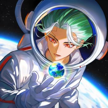 1boy absurdres commentary_request dr._stone earth_(planet) facial_mark gloves green_hair hand_up helmet highres ishigami_senkuu lower_teeth_only male_focus multicolored_hair open_mouth orange_eyes outstretched_hand planet solo space space_helmet spacesuit teeth turou_(tu_rouu) two-tone_hair white_gloves white_hair