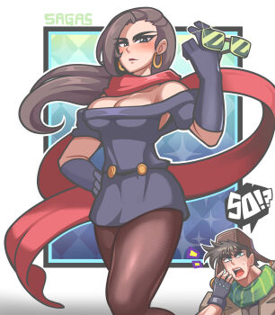 1boy 1girl absurdres artist_name battle_tendency black_hair breasts cleavage earrings feet_out_of_frame fingerless_gloves gloves green_scarf highres hoop_earrings jewelry jojo_no_kimyou_na_bouken joseph_joestar joseph_joestar_(young) lisa_lisa long_hair long_scarf looking_at_viewer medium_breasts off_shoulder pantyhose red_scarf sagas293 scarf solo_focus sunglasses sunglasses_removed