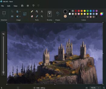 art_program_in_frame autumn building castle christian_young cliff cloud cloudy_sky commentary dark_cloud english_commentary forest highres hill landscape microsoft_paint_(medium) microsoft_paint_(software) nature no_humans outdoors painterly path pine_tree real_life road scenery screencap sidelighting sky spire tree