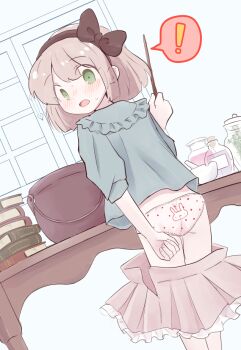 ! 1girl :o accidental_exposure animal_print bad_id bad_pixiv_id blouse blush book book_stack bow bow_headband brown_bow brown_hair cauldron clothes_pull commentary_request commission dutch_angle frilled_shirt frilled_skirt frills from_behind green_eyes grey_shirt hair_bow indoors long_legs looking_back mortar_(bowl) nose_blush original panties pants_falling pestle pink_panties pink_skirt pixiv_commission polka_dot polka_dot_panties potion print_panties rabbit_panties rabbit_print red_polka_dots sarada_(meaf3748) shirt short_hair skirt skirt_pull sleeves_rolled_up solo spoken_exclamation_mark standing surprised sweat sweatdrop three-quarter_sleeves underwear wardrobe_malfunction wide-eyed window