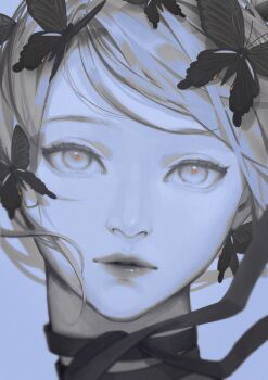 1girl bug butterfly choker commentary_request doloyume expressionless eyelashes greyscale highres insect lips looking_at_viewer monochrome original solo