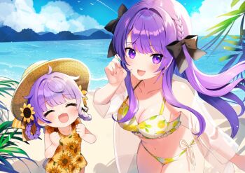 Rule 34 | 2girls, bare shoulders, beach, bikini, blue sky, braid, braided hair rings, breasts, cleavage, closed eyes, cloud, floral print, hair rings, hat, indie virtual youtuber, jacket, long hair, looking at viewer, medium breasts, mother and daughter, mountainous horizon, multiple girls, navel, open mouth, otsuka ray, print bikini, purple eyes, purple hair, reika (otsuka ray), sand, see-through clothes, see-through jacket, shinomiya shino (sinosino141), sky, sun hat, sunflower print, swimsuit, virtual youtuber, water, white bikini