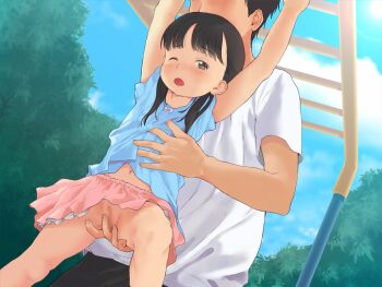 1boy 1girl age_difference anyannko black_hair breasts censored fingering flat_chest loli molestation navel pussy small_breasts