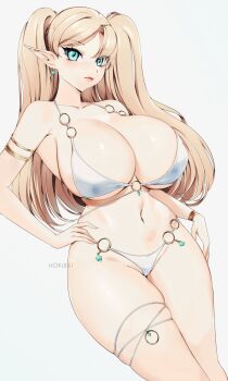 1girl bikini blonde_hair breasts cleavage commentary elf english_commentary green_eyes hand_on_own_hip highleg highleg_bikini highres hokudei large_breasts long_hair looking_at_viewer modeling navel o-ring o-ring_bikini o-ring_bottom o-ring_top original pointy_ears solo swimsuit twintails white_background white_bikini