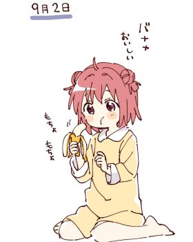 1girl ahoge akaza_akari banana barefoot blush_stickers closed_mouth collared_shirt contrast_collar double_bun eating food fruit full_body hair_bun hashtag-only_commentary highres holding holding_food holding_fruit long_sleeves namori pajamas purple_eyes red_hair shirt short_hair shorts simple_background sitting solo translation_request wariza white_background yellow_shirt yellow_shorts yuruyuri