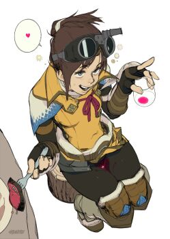 1girl alcohol breasts brekkist brown_hair brown_pantyhose capelet commentary drunk english_commentary fingerless_gloves food fork from_above glass gloves goggles goggles_on_head grey_eyes handler_(monster_hunter_world) heart highres knee_pads legs_together meat mixed-language_commentary monster_hunter:_world monster_hunter_(series) pantyhose popped_collar sitting small_breasts solo spoken_heart squeans updo wakamezake white_background wine