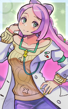 1girl buttons closed_mouth coat collarbone commentary_request earrings green_eyes hand_on_own_hip hand_up highres jewelry long_hair long_sleeves miriam_(pokemon) nail_polish nintendo open_clothes open_coat pink_hair pokemon pokemon_sv purple_skirt skirt smile solo sweater yasu_suupatenin yellow_nails yellow_sweater