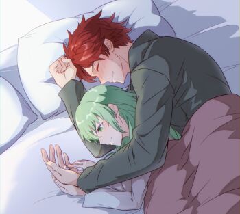 Rule 34 | 0nodera, 1boy, 1girl, bed, bed sheet, closed eyes, commentary request, couple, female byleth (awakened) (fire emblem), female byleth (fire emblem), fire emblem, fire emblem: three houses, green eyes, green hair, hetero, jewelry, long sleeves, lying, nintendo, official alternate eye color, official alternate hair color, on side, pillow, red hair, ring, short hair, sleeping, smile, sylvain jose gautier, sylvain jose gautier (timeskip), under covers