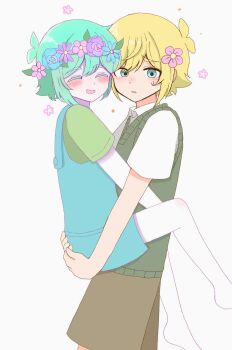 Rule 34 | 2boys, antenna hair, basil (faraway) (omori), basil (headspace) (omori), basil (omori), blonde hair, blue eyes, blue overalls, blush, brown shorts, closed eyes, collared shirt, colored skin, commentary request, double-parted bangs, dual persona, flower, flower wreath, green hair, green shirt, green sweater vest, hair between eyes, hair flower, hair ornament, hashtag-only commentary, head wreath, highres, looking at viewer, male focus, multiple boys, omori, open mouth, overall shorts, overalls, parted lips, shirt, short hair, short sleeves, shorts, sidelocks, simple background, smile, sweatdrop, sweater vest, t-shirt, white background, white shirt, white skin, yuuabara
