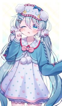 1girl absurdres aged_down aqua_eyes aqua_hair aqua_jacket aqua_nails blush collarbone commentary_request dress hair_between_eyes hair_ornament hatsune_miku highres jacket lanubis long_hair long_sleeves low_twintails one_eye_closed open_mouth pajamas polka_dot polka_dot_dress rubbing_eyes sample_watermark simple_background sleep_mask sleepwear twintails very_long_hair vocaloid watermark white_background white_dress