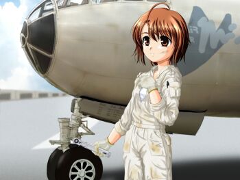 1girl ahoge aircraft airplane b-29 b-29_superfortress bomber chise_natsumi coveralls dirty female_focus gloves jumpsuit military military_vehicle natsumi_chise rocket_no_natsu shiukichi short_hair sleeves_rolled_up solo wrench