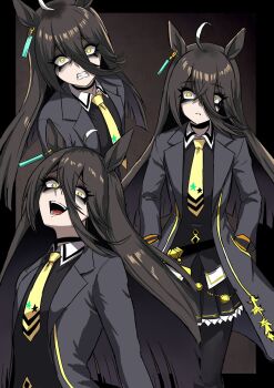 1girl ahoge animal_ears black_coat black_hair black_pantyhose black_skirt clenched_teeth coat collared_shirt commentary_request ear_tag earrings hair_between_eyes hands_in_pockets highres horse_ears horse_girl jewelry long_bangs long_hair long_hair_between_eyes long_sleeves looking_at_viewer manhattan_cafe_(creeping_black)_(umamusume) manhattan_cafe_(umamusume) multicolored_hair nagai_negi necktie open_mouth pantyhose parted_lips shaded_face shirt single_earring skirt smile teeth umamusume very_long_hair white_hair yellow_eyes yellow_necktie