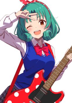 1girl :d absurdres arm_up blue_sweater_vest blush bow bowtie brown_eyes collared_shirt commentary_request electric_guitar green_hair grey_skirt guitar hairband highres holding holding_guitar holding_instrument idolmaster idolmaster_million_live! idolmaster_million_live!_theater_days instrument long_sleeves looking_at_viewer niwatorimushi one_eye_closed open_mouth red_bow red_bowtie red_hairband shirt short_hair simple_background skirt smile solo sweater_vest tokugawa_matsuri upper_body v white_background white_shirt