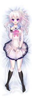 1girl 9-nine- :d absurdres ahoge bed_sheet belt black_socks blush bow bowtie braid breasts buttons clenched_hand commentary dakimakura_(medium) double-breasted dress eyes_visible_through_hair feet frilled_dress frills from_above full_body green_ribbon grey_belt hair_between_eyes hair_ribbon hair_spread_out hakusen_academy_school_uniform hand_up happy highres kneehighs large_breasts long_hair long_sleeves looking_at_viewer lying niimi_sora no_shoes on_back open_mouth pink_bow pink_bowtie purple_eyes ribbon school_uniform shirogeuse1024 short_dress side_ponytail sidelocks single_braid smile socks solo toes white_dress white_hair
