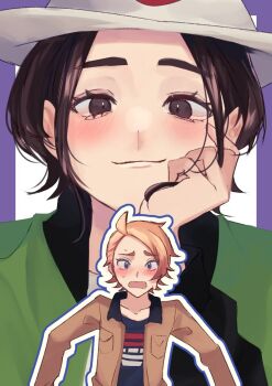 1boy 1girl ahoge b4n_ette0 black_eyes black_hair blonde_hair blue_eyes blue_shirt blush breast_pocket brown_jacket commentary_request doujinshi_cover_trope_(trend) flipped_hair flustered green_jacket hand_on_own_face harmony_(pokemon) hat head_rest hetero highres jacket nintendo open_mouth parted_bangs pocket pokemon pokemon_legends:_z-a projected_inset raised_inner_eyebrows shirt short_hair smile upper_body urbain_(pokemon) white_hat wolf_cut