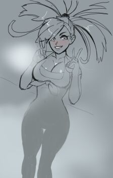 1girl bad_tag breasts cleavage flannery_(pokemon) large_breasts looking_at_viewer midriff navel nintendo onsen pokemon pokemon_oras ponytail solo steam sunbeam_(artist) victory_pose water