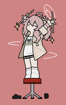 1girl \m/ ahoge arms_up band_shirt black_skirt blue_archive brown_shirt closed_eyes closed_mouth drumsticks frown full_body halo highres holding holding_drumsticks layered_shirt loafers long_hair merchandise mikaku_(vbvpahw9) natsu_(band)_(blue_archive) natsu_(blue_archive) on_stool open_clothes open_shirt pink_background pink_hair pleated_skirt ponytail shirt shoes simple_background skirt socks solo sparkle spinning standing standing_on_object tareme unworn_shoes v-shaped_eyebrows white_shirt white_socks