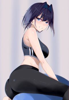 1girl absurdres ass ball black_hair black_pants black_sports_bra blue_eyes exercise_ball hair_intakes highres hololive hololive_english lalatina_art ouro_kronii pants solo sports_bra virtual_youtuber yoga_pants