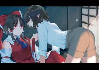 2girls absurdres alternate_costume ascot blue_ascot bow brown_hair brown_shorts closed_mouth clothes_grab commentary_request detached_sleeves eye_contact frilled_bow frills hair_bow hair_tubes hakurei_reimu highres long_hair looking_at_another multiple_girls necktie necktie_grab neckwear_grab no_headwear pointy_ears red_bow red_eyes red_necktie red_skirt shameimaru_aya shirt shorts skirt skirt_set sleeves_rolled_up toraneko_2 touhou white_shirt yuri