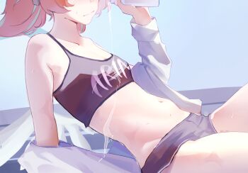 1girl aria_(human)_(zenless_zone_zero) aria_(zenless_zone_zero) black_shoes black_sports_bra breasts coat commentary dolphin_shorts eyes_out_of_frame head_out_of_frame highres holding_thermos midriff navel p1_non pink_hair pouring pouring_onto_self shoes short_hair shorts small_breasts solo sports_bra thermos twintails white_coat zenless_zone_zero