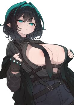 1girl absurdres anavi areola_slip belt black_hair black_shirt blush breasts fingerless_gloves gloves green_eyes hair_intakes highres jacket large_breasts looking_at_viewer medium_hair multiple_belts mute_(trickcal) necktie no_bra open_clothes open_jacket pants pointy_ears shirt solo trickcal underwear