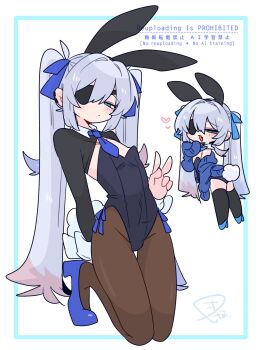 1boy animal_ear_hairband animal_ears black_hairband black_leotard black_pantyhose black_shrug blue_bow blue_bowtie blue_eyes blue_hair blue_necktie blue_shoes blush bow bowtie bulge chibi collar colored_tips commentary covered_navel crossdressing crossdressing_(mtf) detached_collar earclip expressionless eyepatch fake_animal_ears fake_tail fang flipped_hair from_side full_body hair_between_eyes hair_bow hair_intakes hairband hand_up heart high_heels highleg highleg_leotard highres kneeling leotard long_hair long_sleeves looking_at_viewer male_focus male_playboy_bunny multicolored_hair multiple_views narrowed_eyes necktie no_nose one_eye_covered op_na_yarou open_mouth original pantyhose playboy_bunny quad_tails rabbit_ear_hairband rabbit_ears rabbit_tail raised_inner_eyebrows red_hair rigel_(op_na_yarou) shoes shrug_(clothing) side-tie_leotard sidelocks simple_background skin_fang sleeve_cuffs standing straight_hair strapless strapless_leotard tail trap v very_long_hair watermark white_background white_collar white_hair