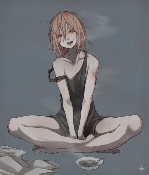 Rule 34 | 1girl, aki (tabao), arm injury, ashtray, bare shoulders, barefoot, black tank top, bleeding, blonde hair, blood, blowing smoke, blue eyes, bottomless, cigarette butt, clothes between thighs, clothes on floor, collarbone, commentary request, full body, grey background, hair between eyes, half-closed eyes, head tilt, highres, implied self-harm, indian style, invisible floor, loosely tucked bangs, medium hair, messy hair, mole, mole under eye, off shoulder, open mouth, original, scar, scar on thighs, self-harm scar, sidelocks, signature, single bare arm, sitting, smoke, smoking, solo, straight-on, strap slip, tabao, tank top, teeth, unworn clothes, v arms
