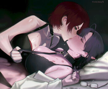 2girls bite_mark bite_mark_on_neck black_background black_bra black_hair bra breasts collar commentary commission ear_piercing earclip english_commentary french_kiss glasses green_eyes half-closed_eyes hickey holding holding_leash kiss large_breasts leash lipstick_mark lipstick_mark_on_breast multiple_girls original piercing pointy_ears red_hair shirt short_hair sweat tomatoketchup96 underwear unworn_eyewear white_shirt yuri