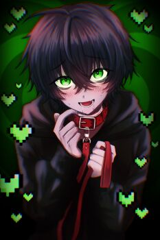 1boy absurdres black_hair black_hoodie blush collar degrees_of_lewdity green_eyes heart highres holding_own_leash hood hoodie kylar_(degrees_of_lewdity) kylar_(male)_(degrees_of_lewdity) looking_at_viewer open_clothes pixel_heart rala_chan red_collar short_hair solo
